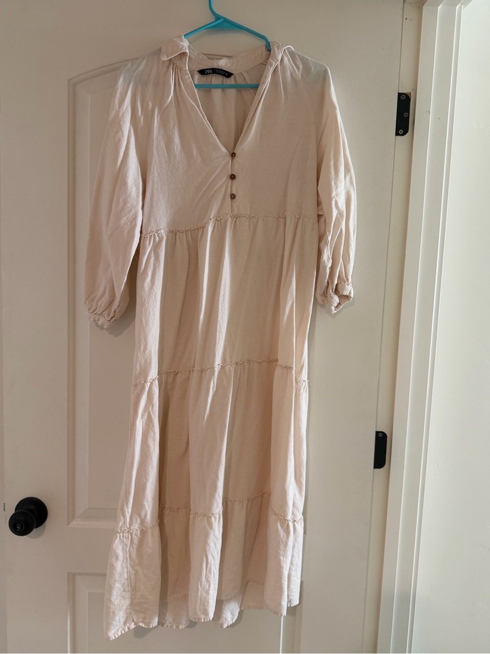 Zara Cream Tiered Maxi Dress with Button Placket